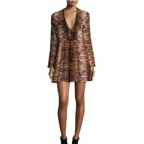 A.L.C. Black and Blush XS 2 Brinkley Cocktail Dress Tiger Print Long Sleeve - Picture 2 of 7